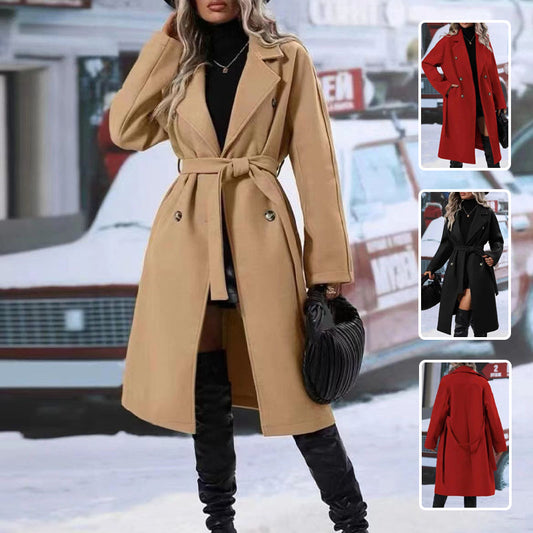 Double-Breasted Lapel Trench Coat with Belt