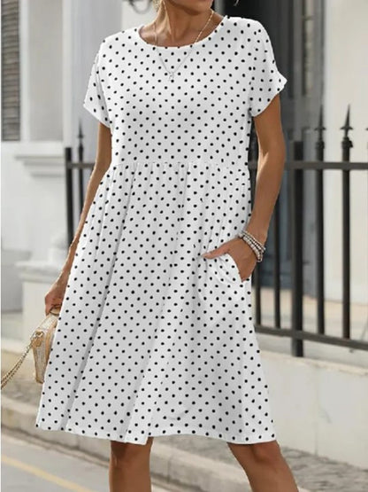 European And American Summer Short Sleeve Round Neck Pocket Polka Dot Print Dress