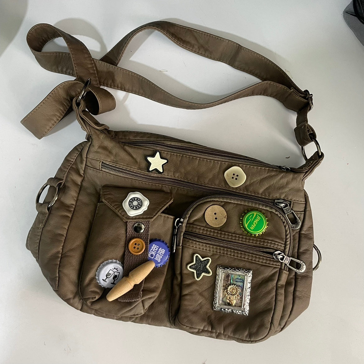 Vintage Button Patch Crossbody Bag