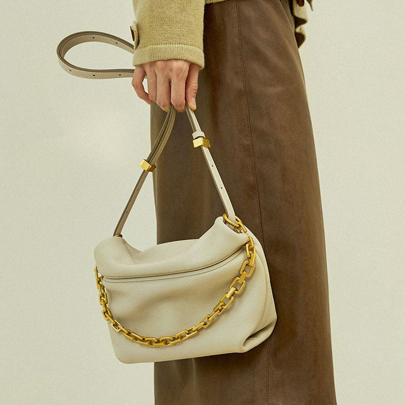 Leather Folds Cloud Chain Cowhide Crossbody Bag