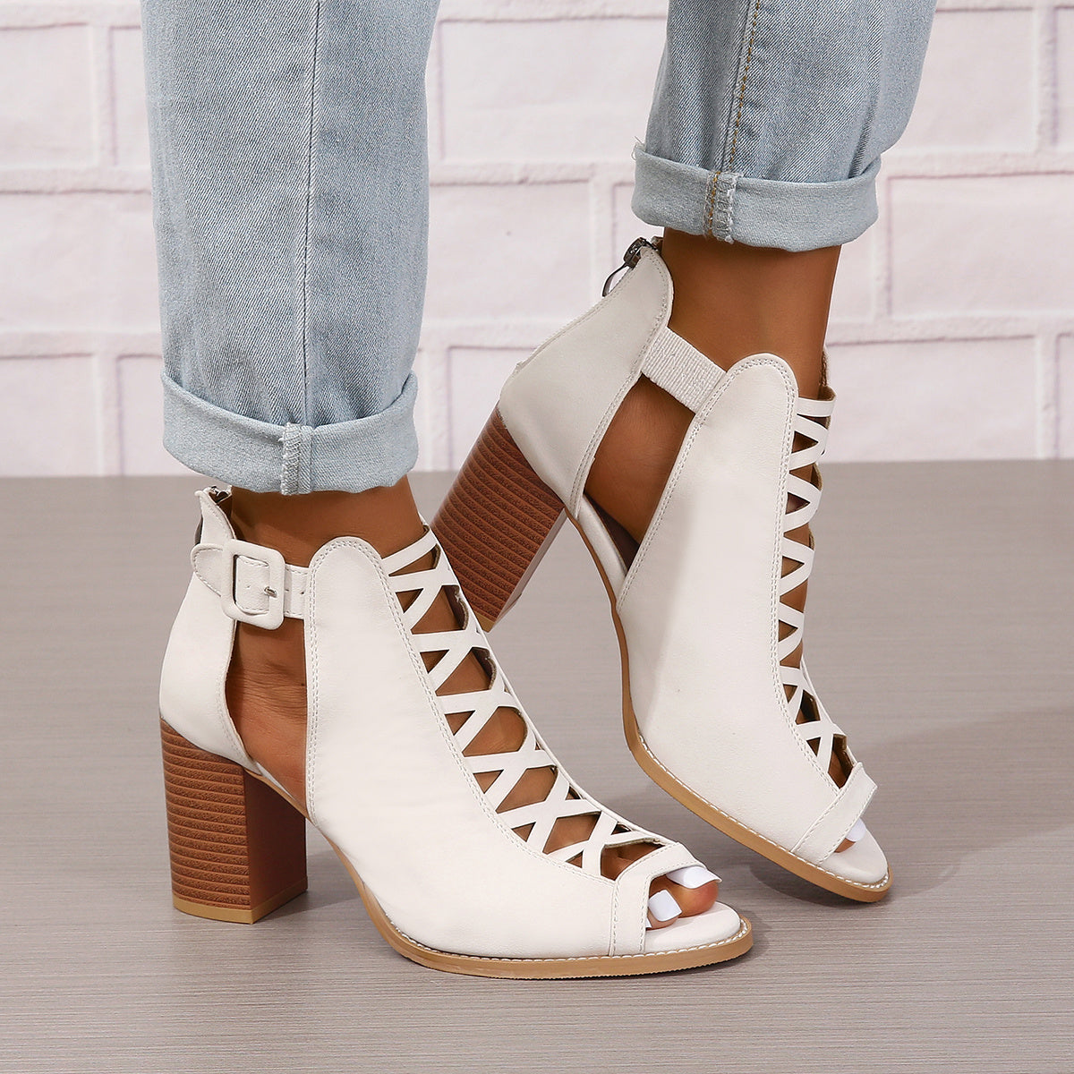 Round Toe Buckle High Heel Sandals Thick Heel