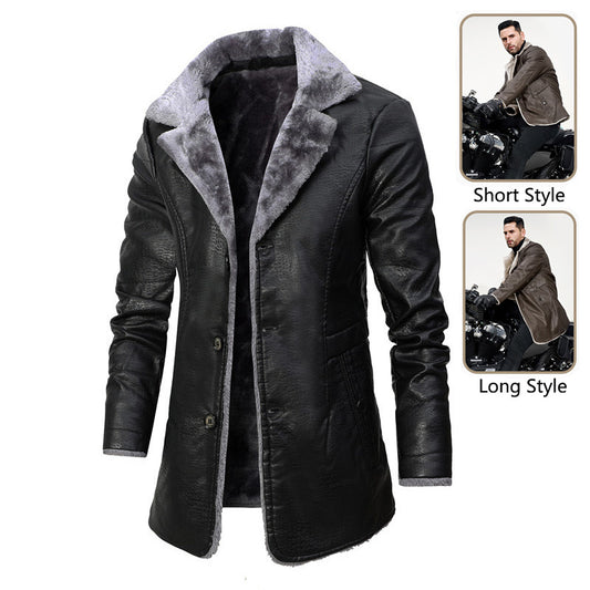 Plush Lapel Leather Jacket Winter Fleece Coat for Men