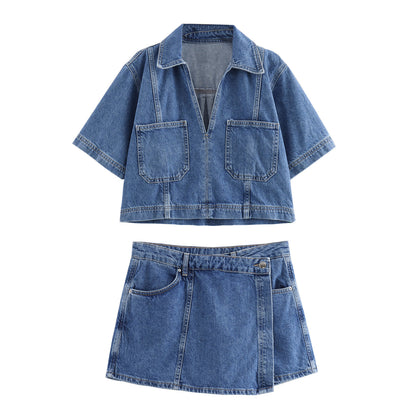 Double-Breasted Culottes Denim Suit