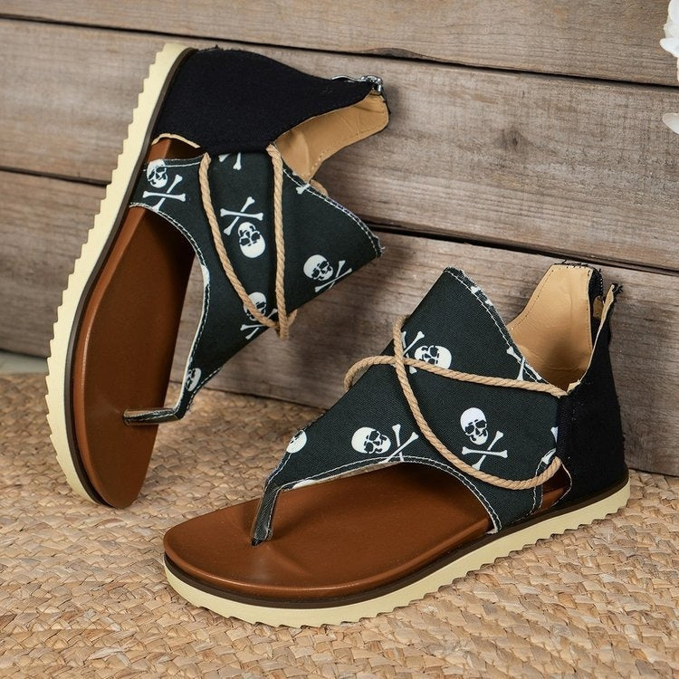 Back Zipper Flip-Toe Printed Flat Sandals