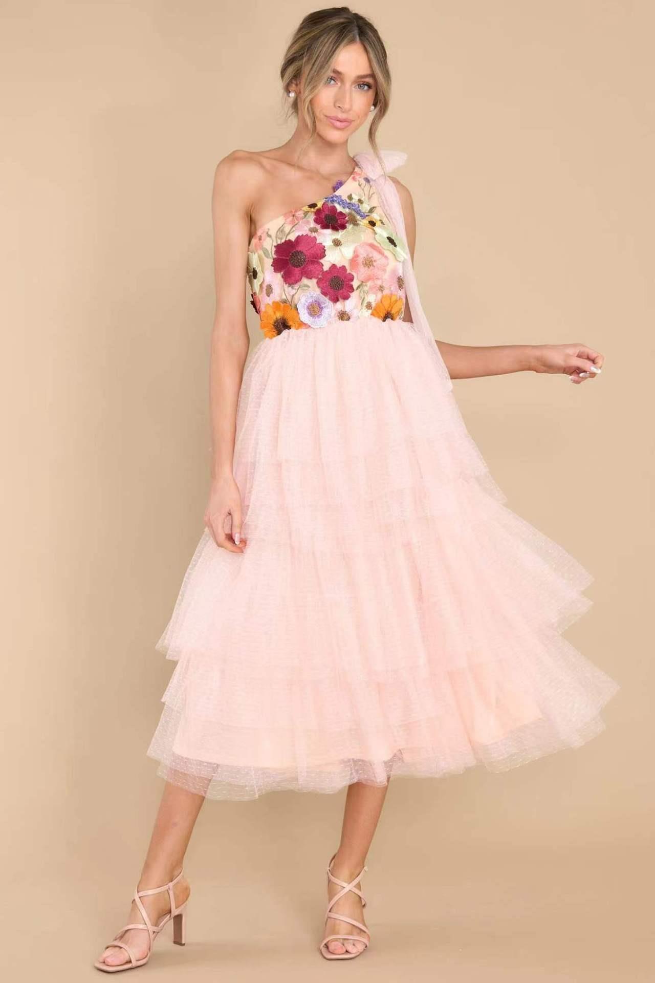 Spring and Summer European and American Fashion Three-Dimensional Flower Wide Hem Dress