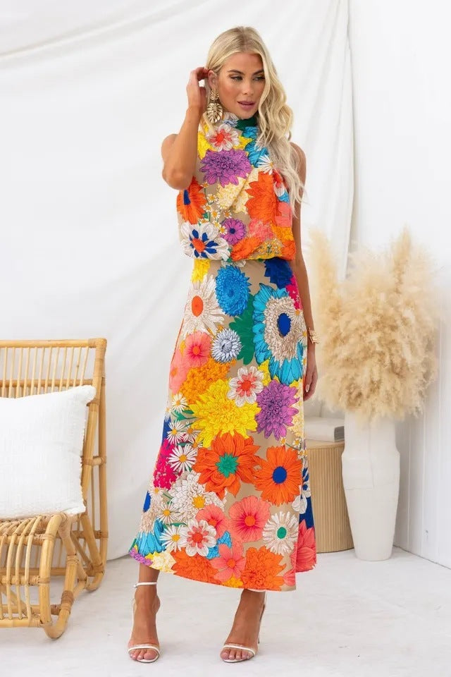 Vacation Style Fashion Printing Sleeveless Halter Waist-tight Long Dress