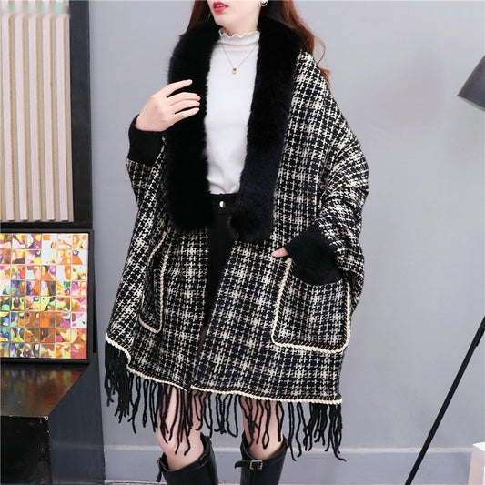 Plus Size Tassel Knitted Cardigan with Fur Collar