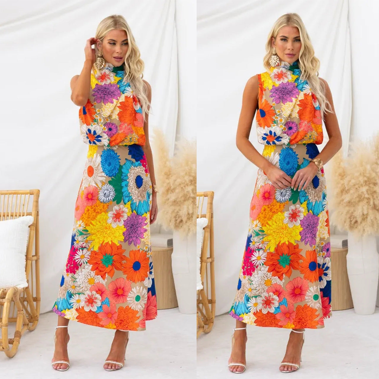 Vacation Style Fashion Printing Sleeveless Halter Waist-tight Long Dress