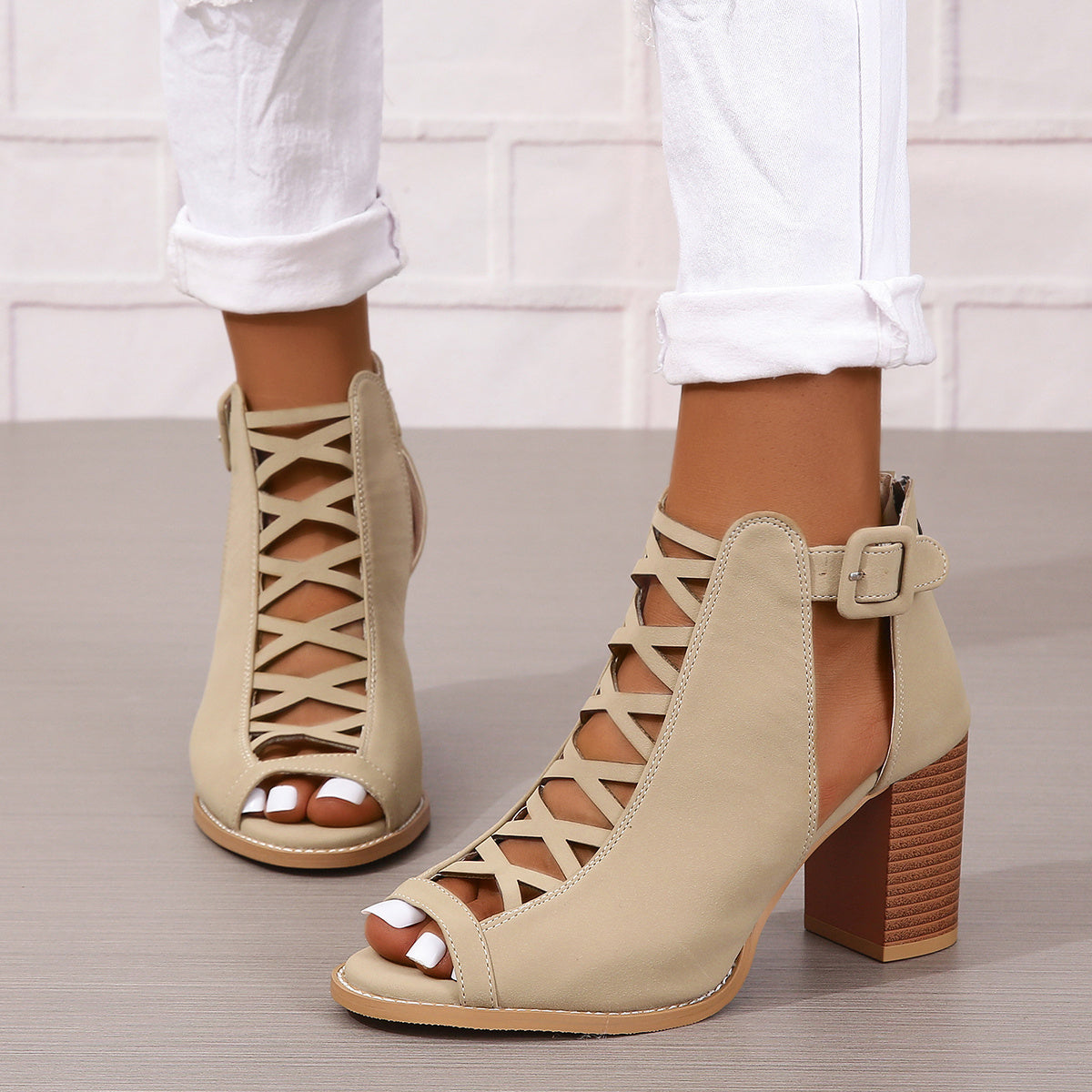 Round Toe Buckle High Heel Sandals Thick Heel